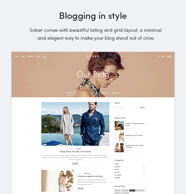 Sober WordPress theme with different blog styles